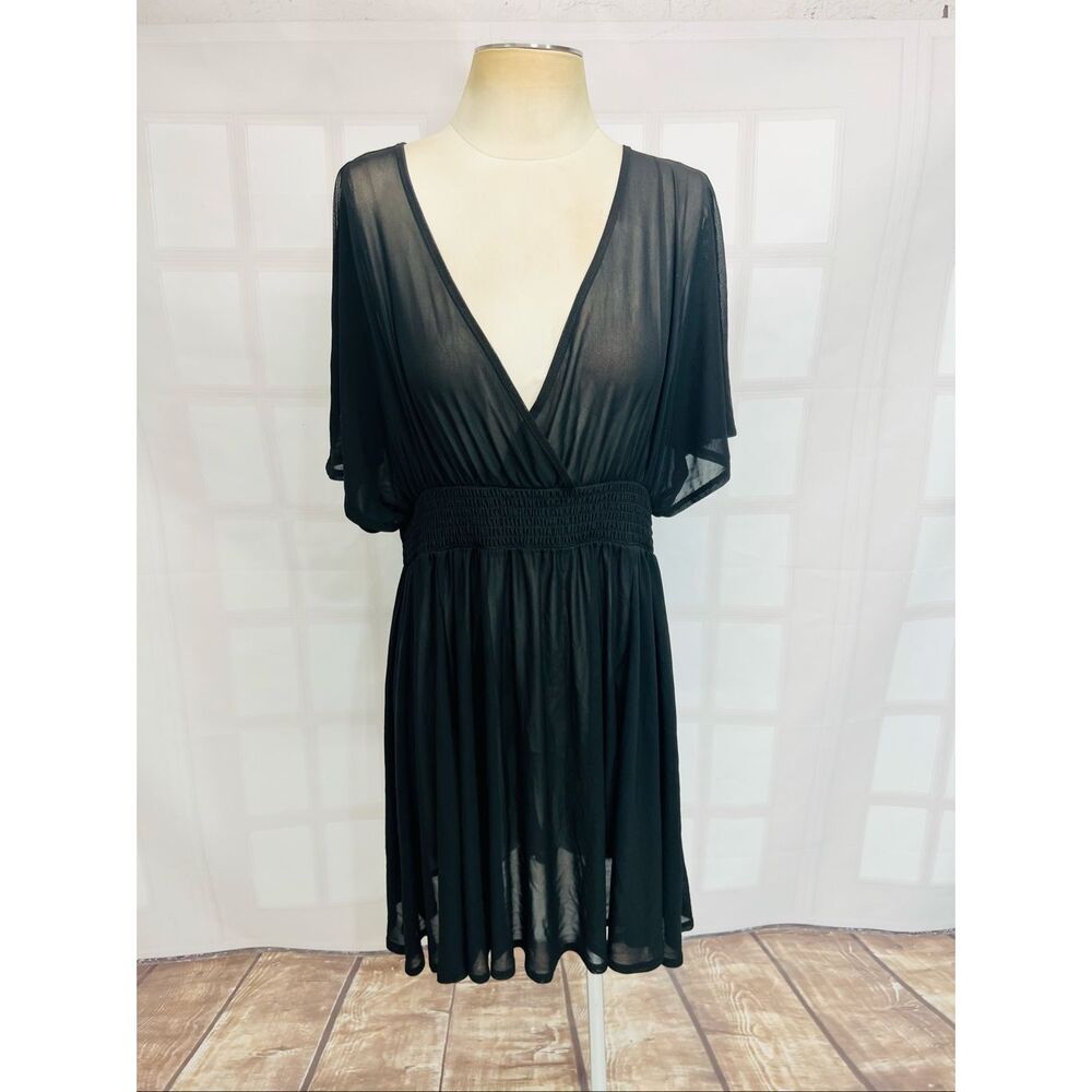 Torrid Deep Black Chiffon Smocked Waist Sheer Surplice Cover-Up Dress Size 1X - Picture 4 of 12